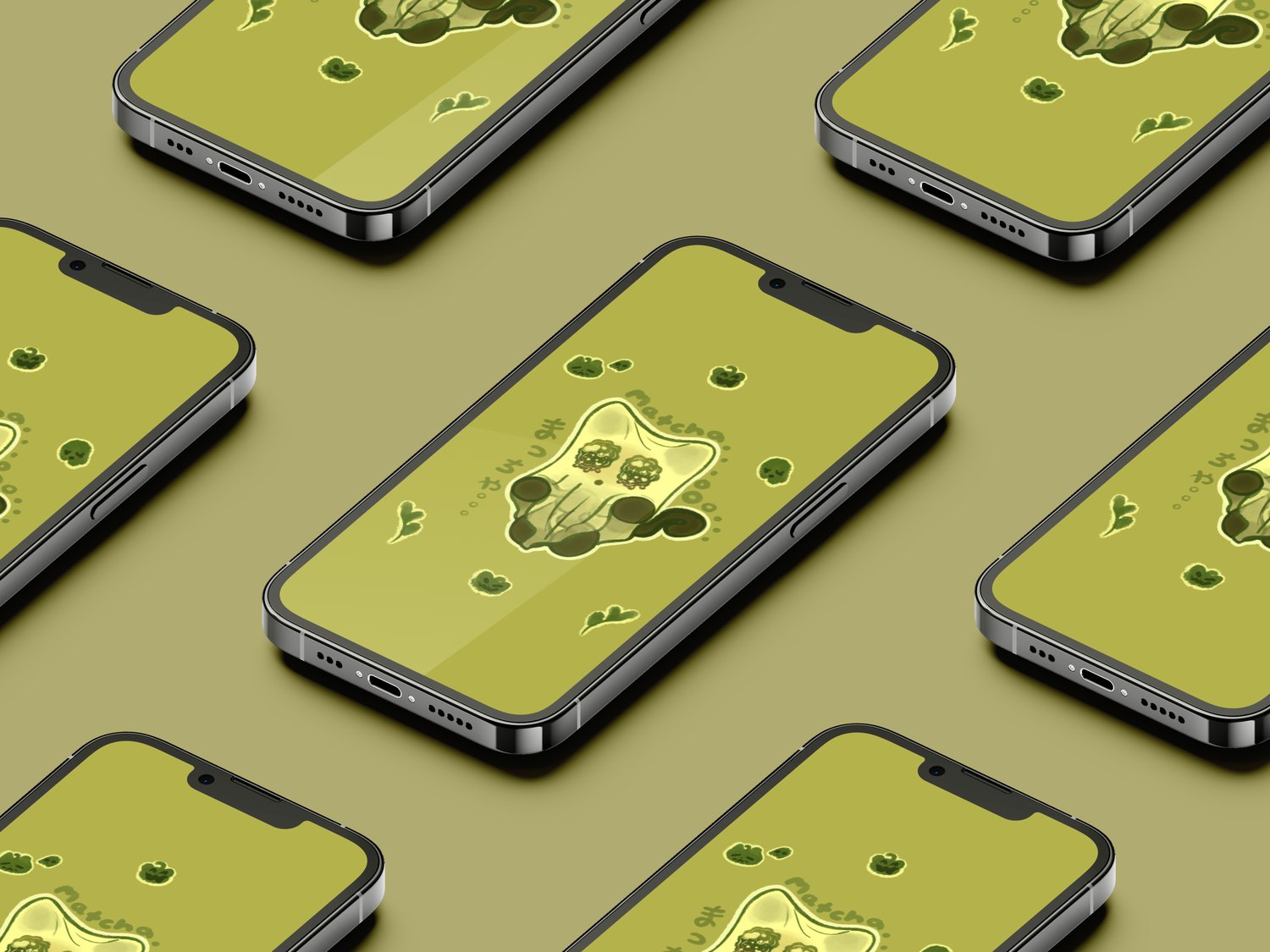 There are multiple phones lined up together flat against an earthy green background. They all have a wallpaper of a dark brown/black cat with a white bedsheet over its head, giving it the appearance of a sheet ghost. There are cartoonish, green cat pumpki