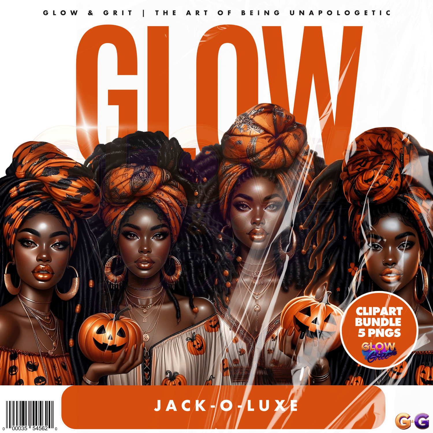 Afrocentric Halloween clipart bundle – bold digital PNG images of Black women styled in luxe spooky-season fashion with pumpkins and headwraps. Glow & Grit Halloween Collection digital download.