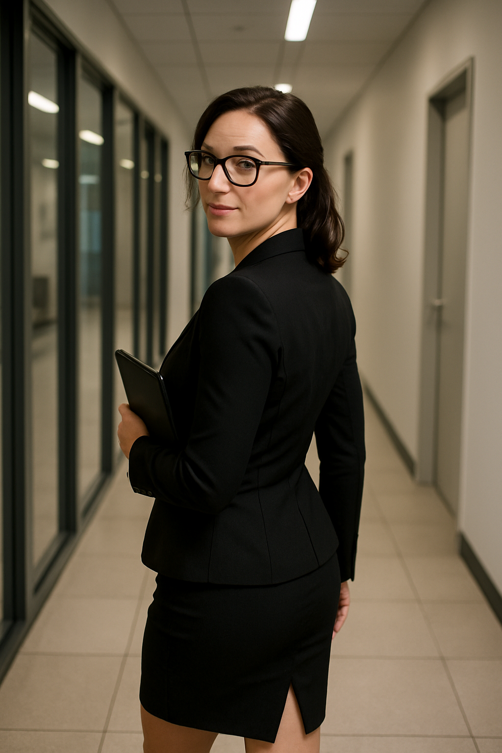 Professional woman in a fitted black blazer and skirt holding a tablet, walking confidently down a modern office hallway. She turns slightly to look over her shoulder, glasses framing her poised expression. Represents Barbara Quinn Bailey, Queen of the Fo