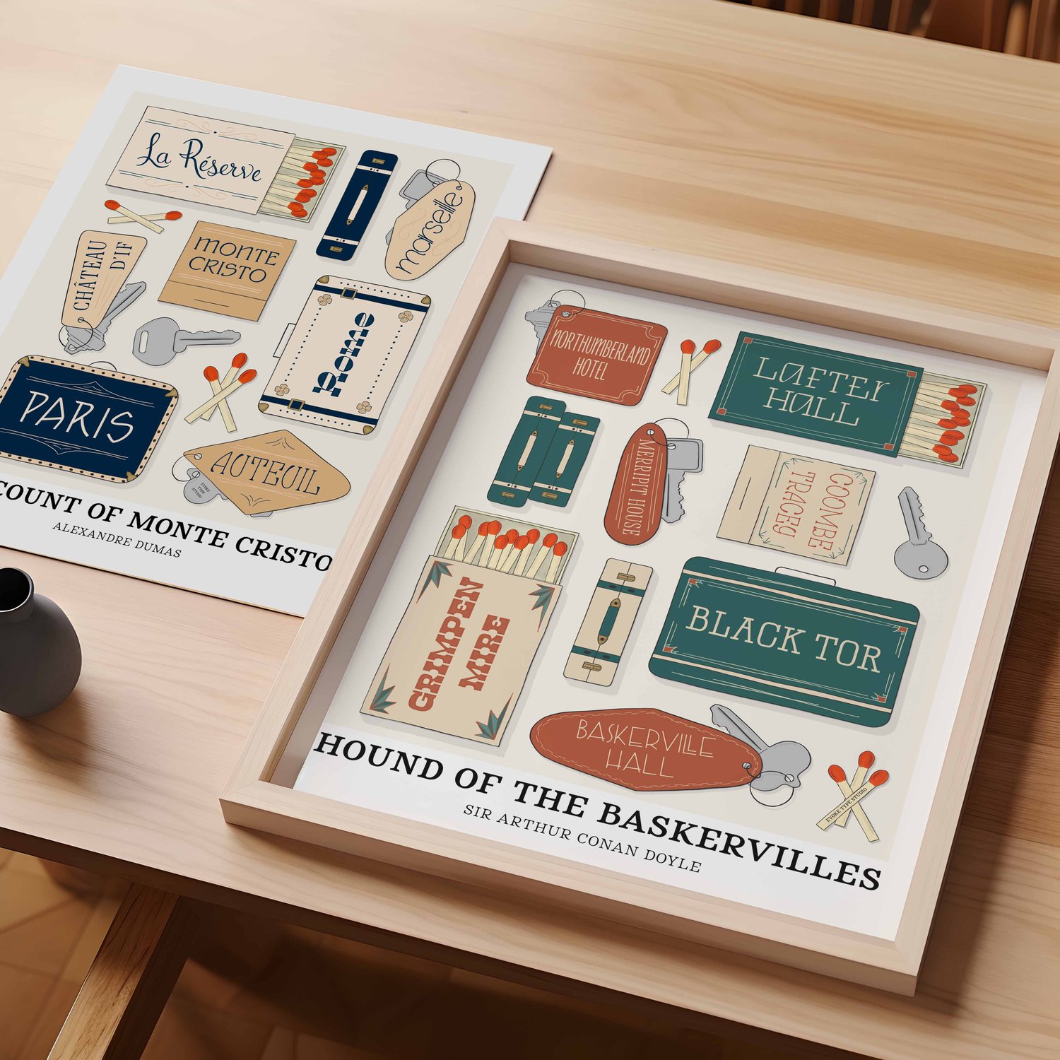 An unframed art print of locations from The Count of Monte Cristo and a framed art print of locations from The Hound of the Baskervilles
