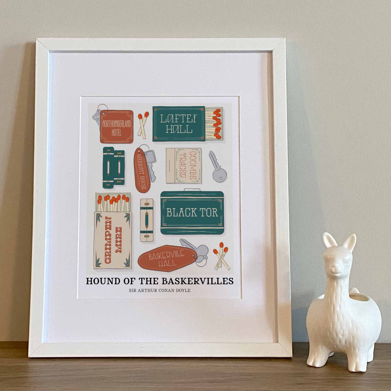 Hand-lettered Hound of the Baskervilles art print celebrating key locations from the classic mystery novel