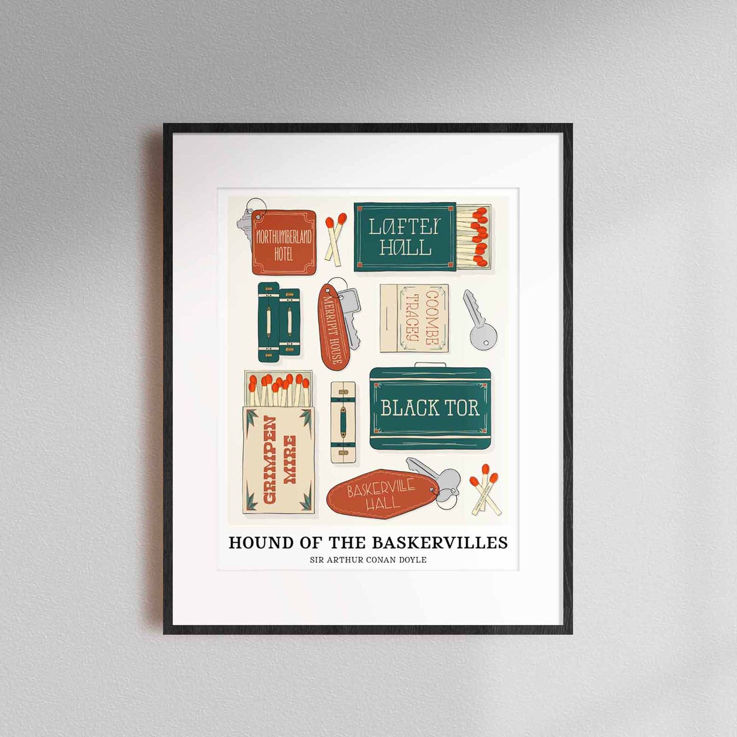 Typography-focused literary art print with hand-lettered names of Hound of the Baskervilles locations