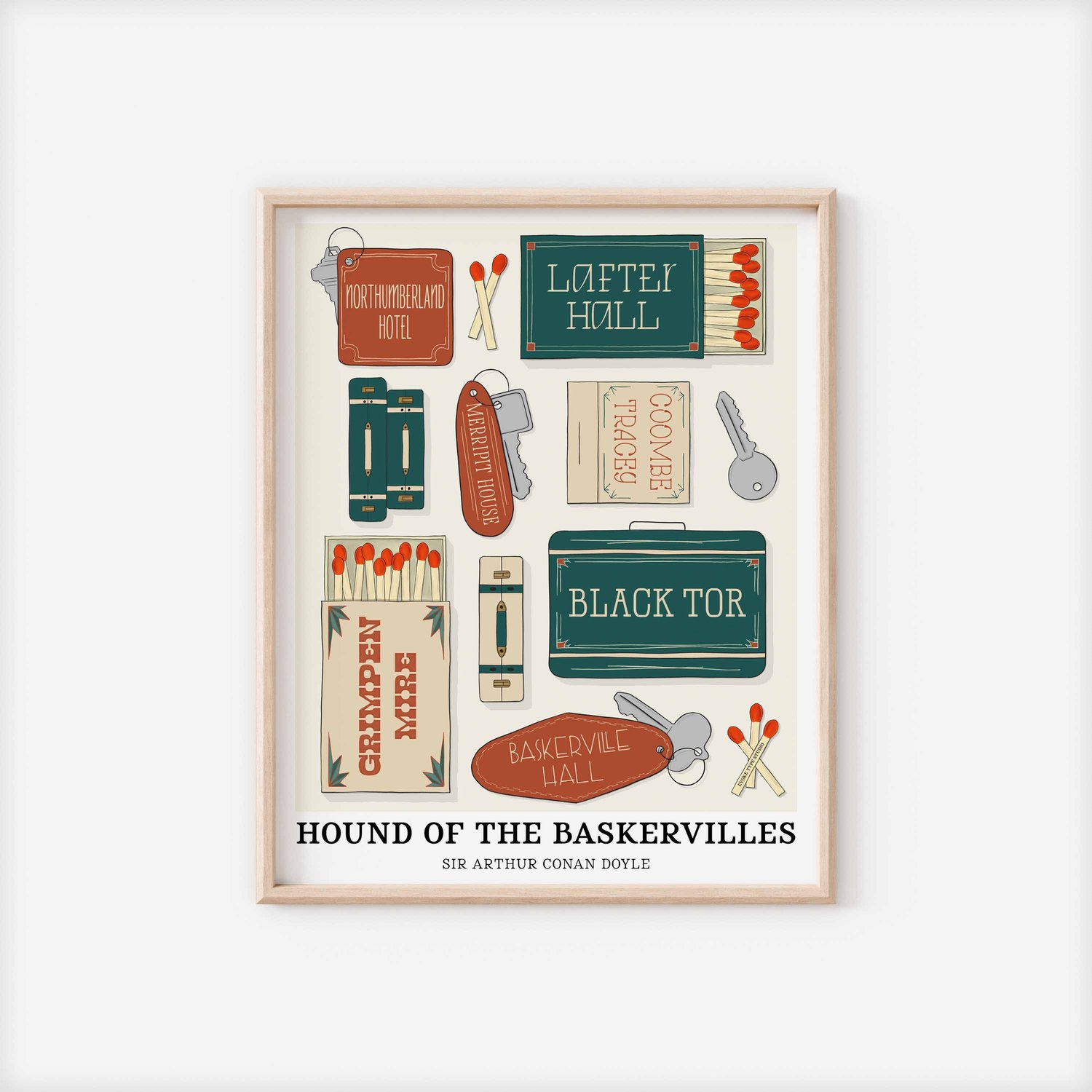Hand-drawn Hound of the Baskervilles art print featuring seven locations from the novel in earthy green and orange tones
