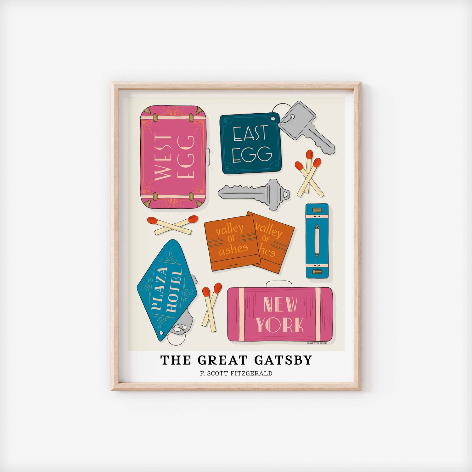 Hand-drawn Great Gatsby art print featuring five locations from the novel in bright blues, pinks, and oranges
