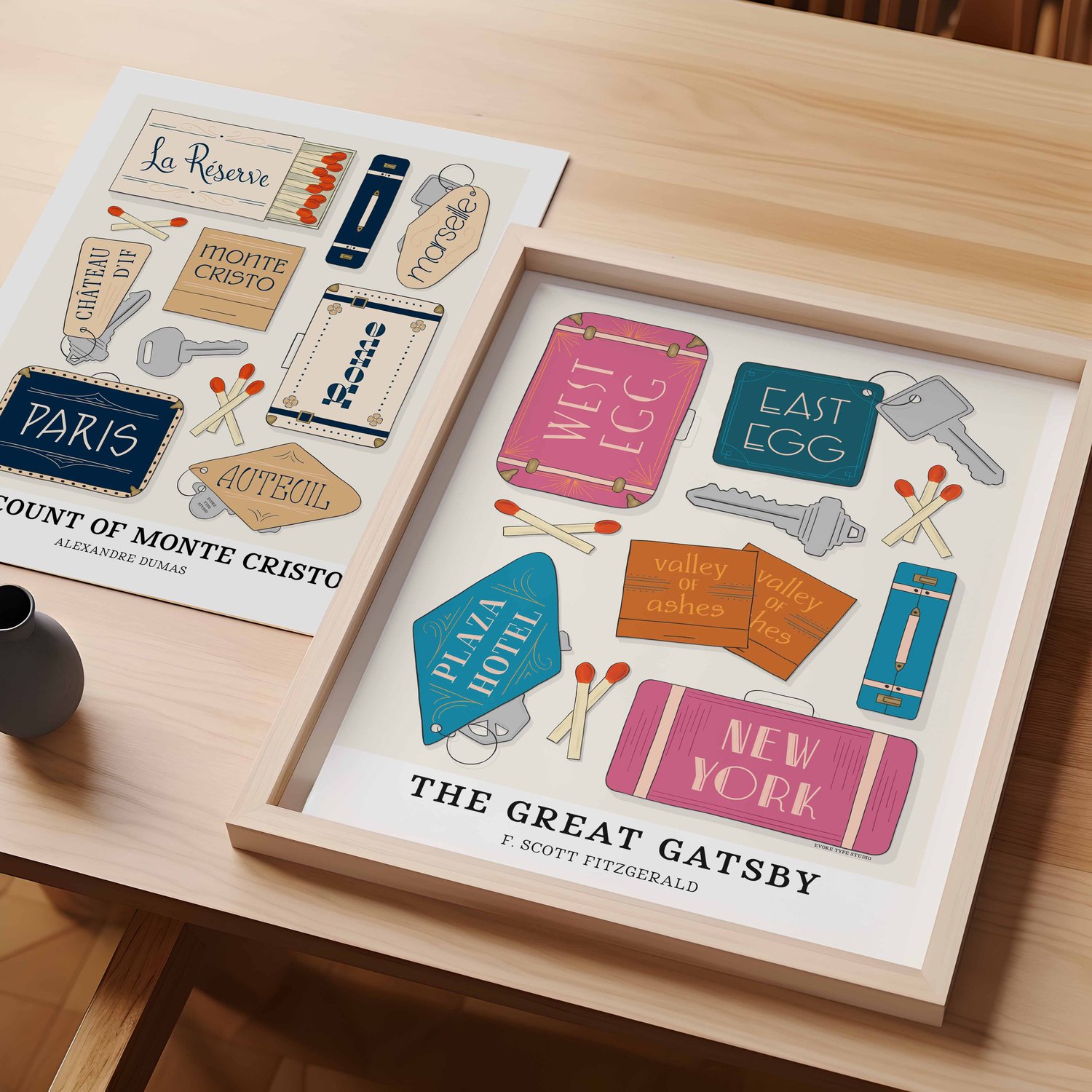 An unframed art print of locations from The Count of Monte Cristo and framed artwork of locations from The Great Gatsby