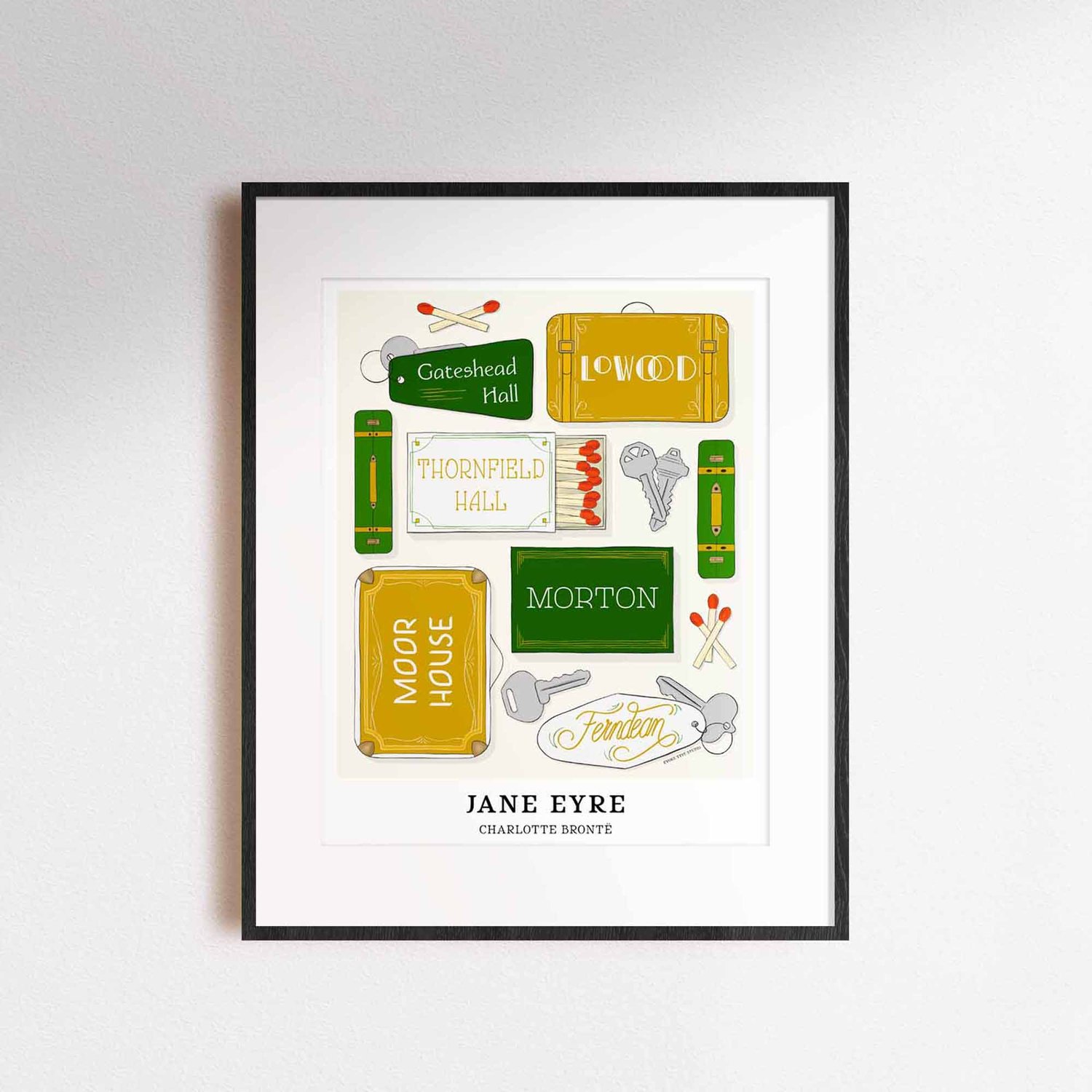 Typography-focused literary art print with hand-lettered names of Jane Eyre locations