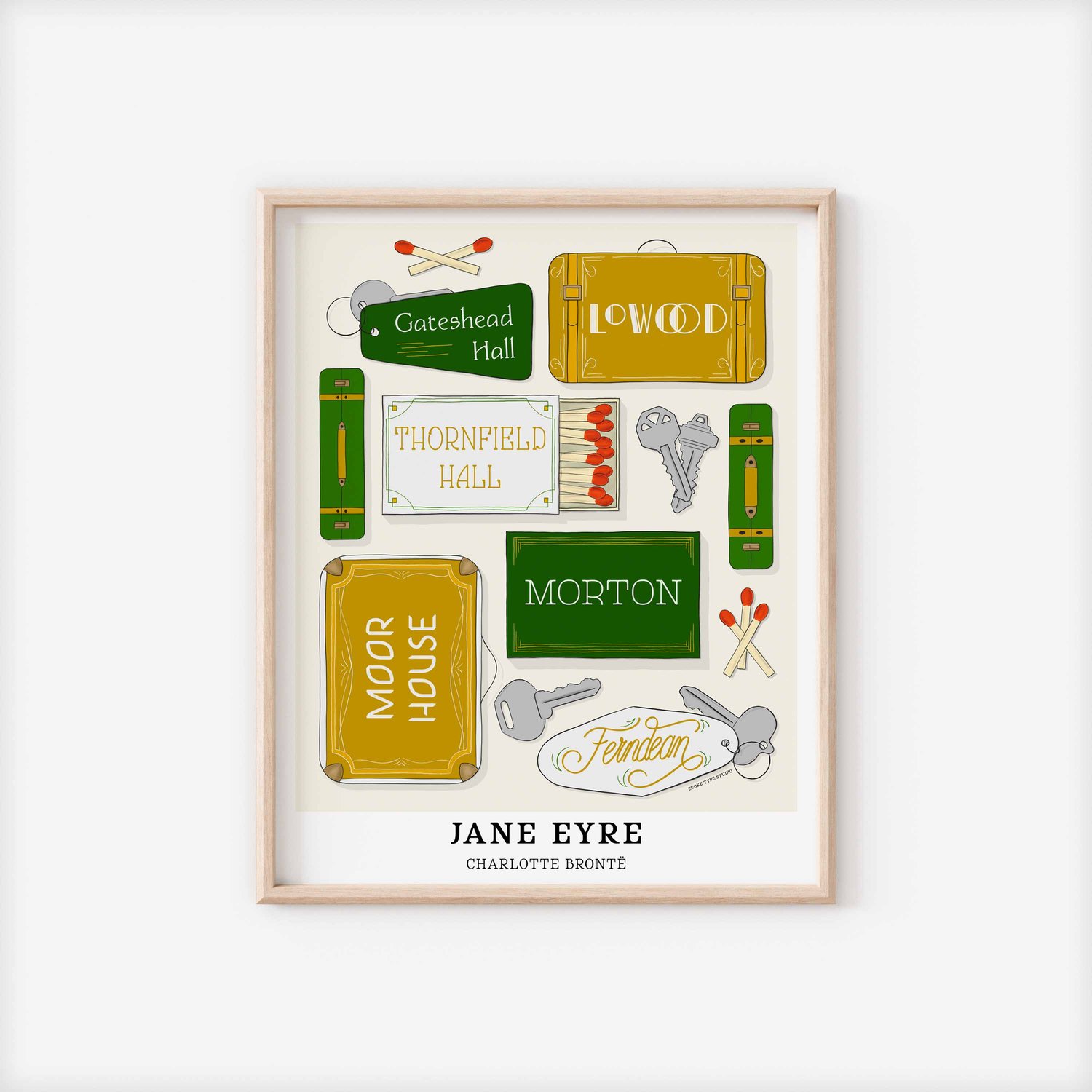 Hand-lettered Jane Eyre art print celebrating key locations from the classic novel