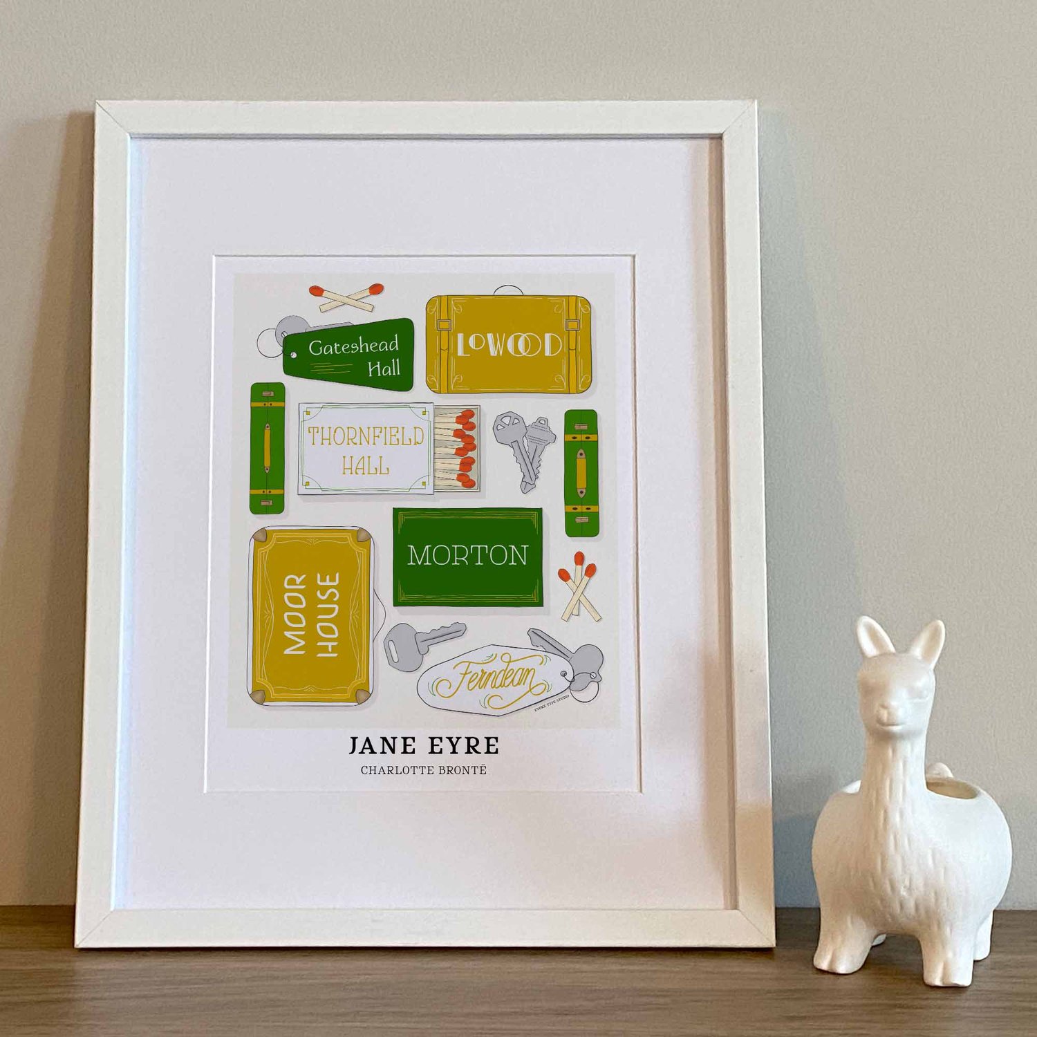 Literary wall art highlighting story locations from Charlotte Brontë’s Jane Eyre in white, green, and yellow