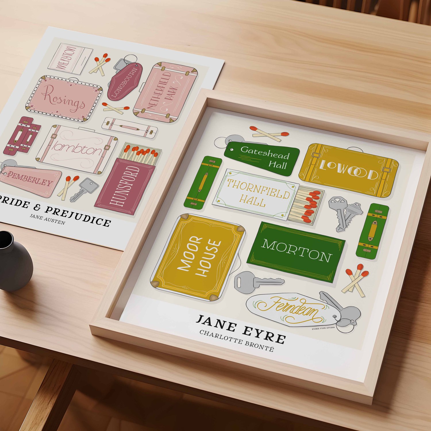 An unframed art print of locations from Pride & Prejudice and a framed art print of locations from Jane Eyre