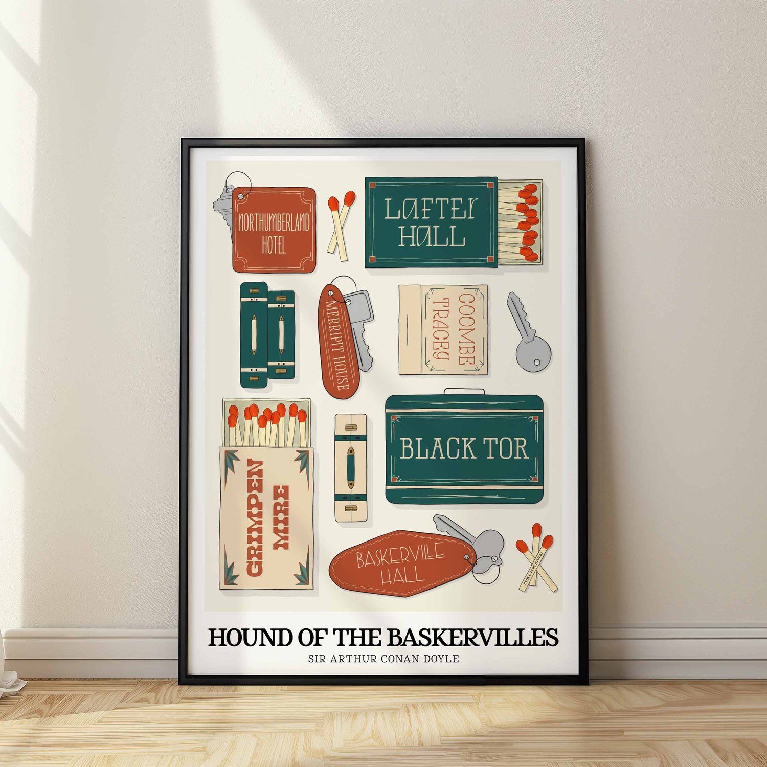 Typography-focused literary poster with hand-lettered names of Hound of the Baskervilles locations