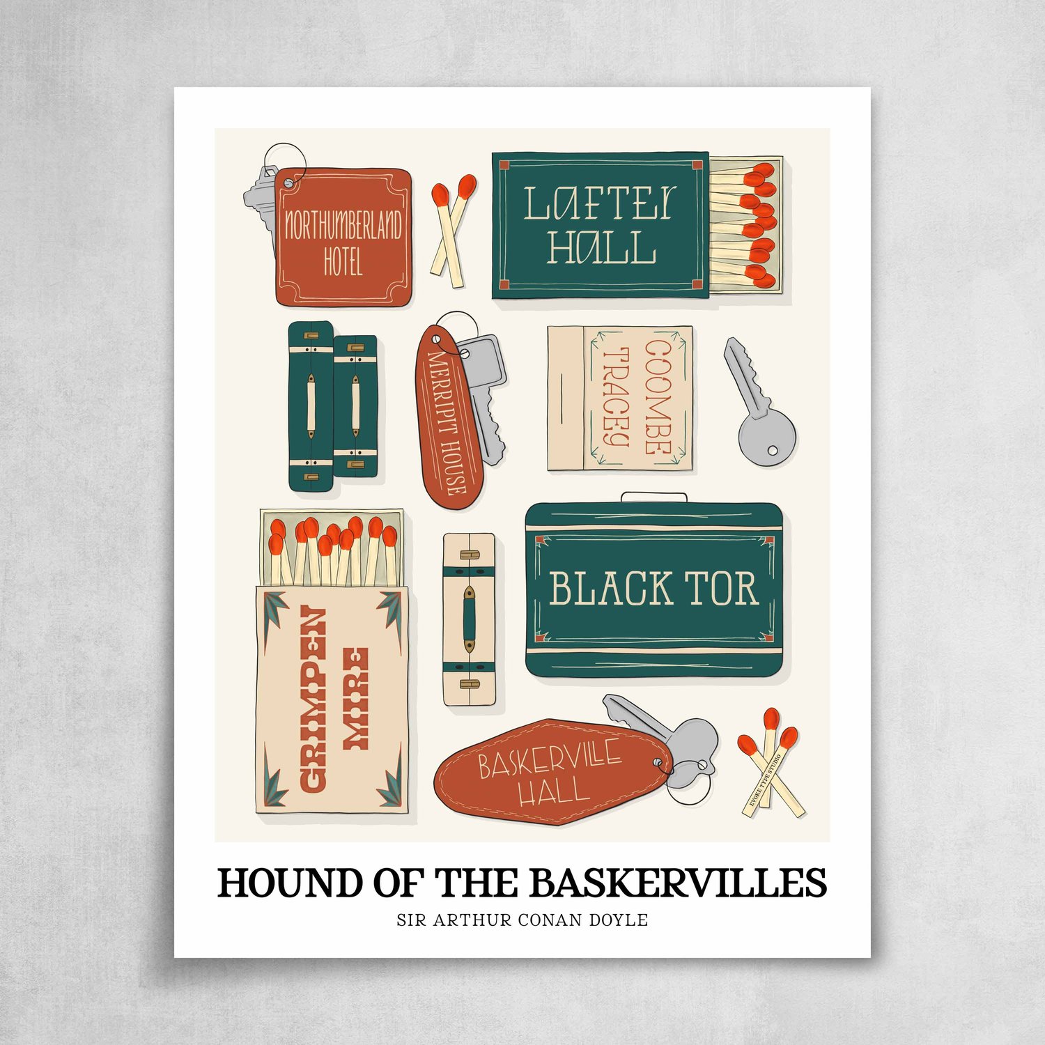 Hand-lettered Hound of the Baskervilles poster celebrating key locations from the classic mystery novel