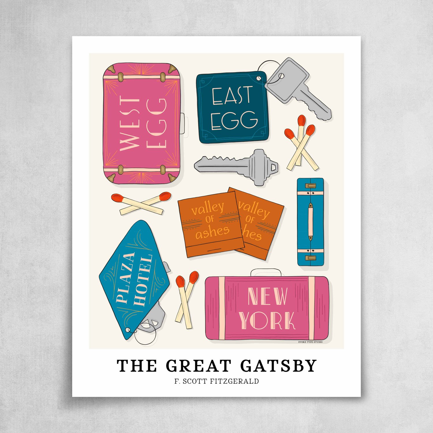 Colorful poster highlighting story locations from F. Scott Fitzgerald’s The Great Gatsby in bold, bright tones