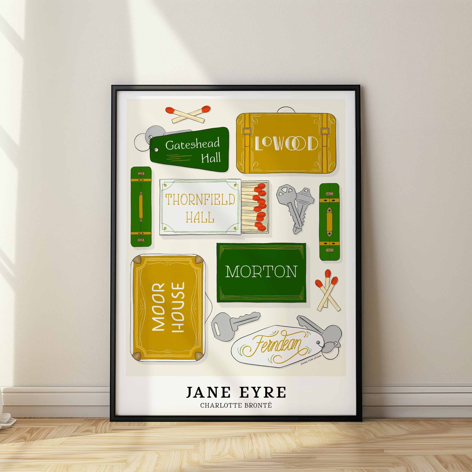 Typography-focused literary poster with hand-lettered names of Jane Eyre locations
