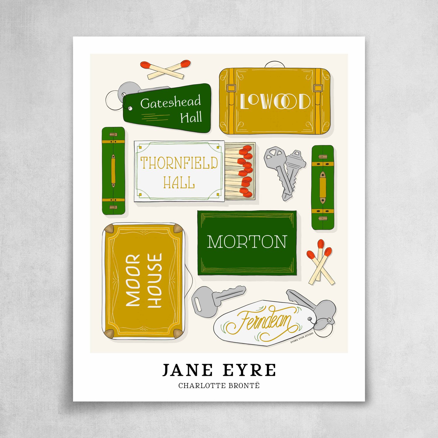 Poster highlighting story locations from Charlotte Brontë’s Jane Eyre in a color scheme of white, green, and yellow