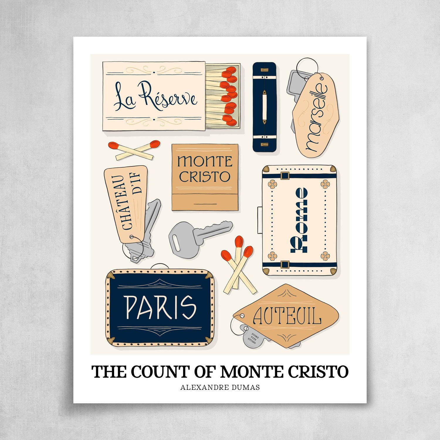 Illustrated Count of Monte Cristo poster with expressive hand-drawn lettering and maritime-inspired colors