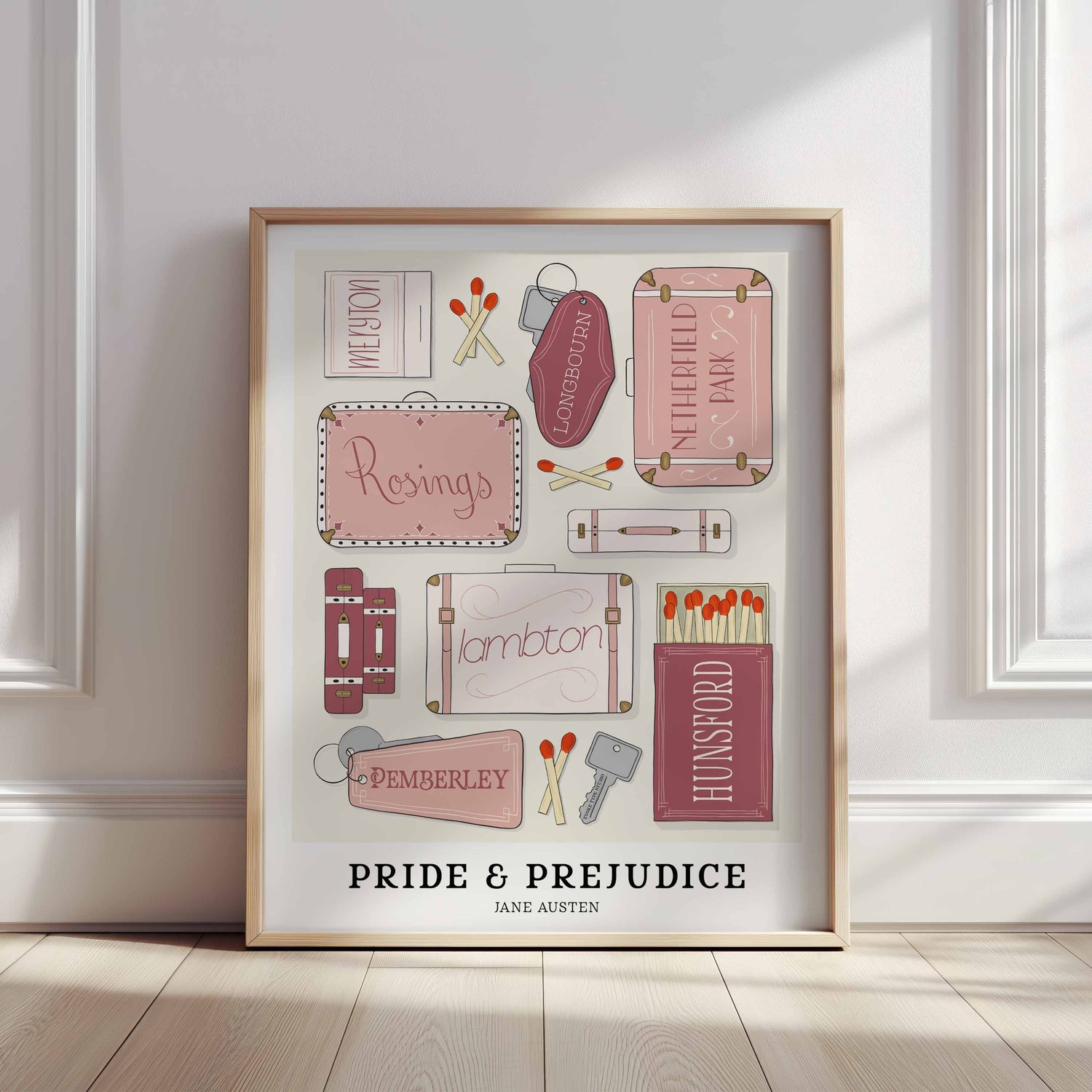 Softly colored hand-lettered Pride & Prejudice poster celebrating key story locations from the novel