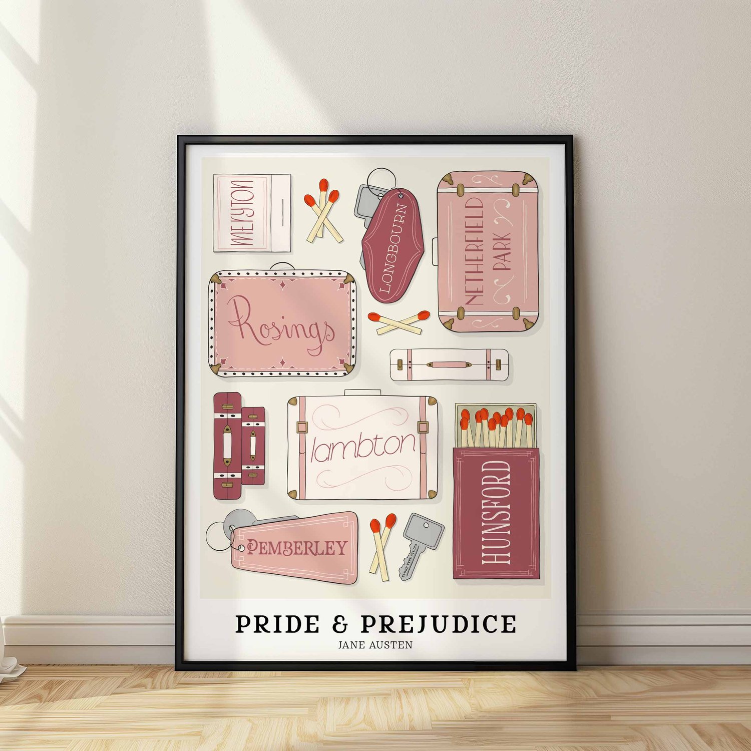 Softly colored hand-lettered Pride & Prejudice poster celebrating key story locations from the novel