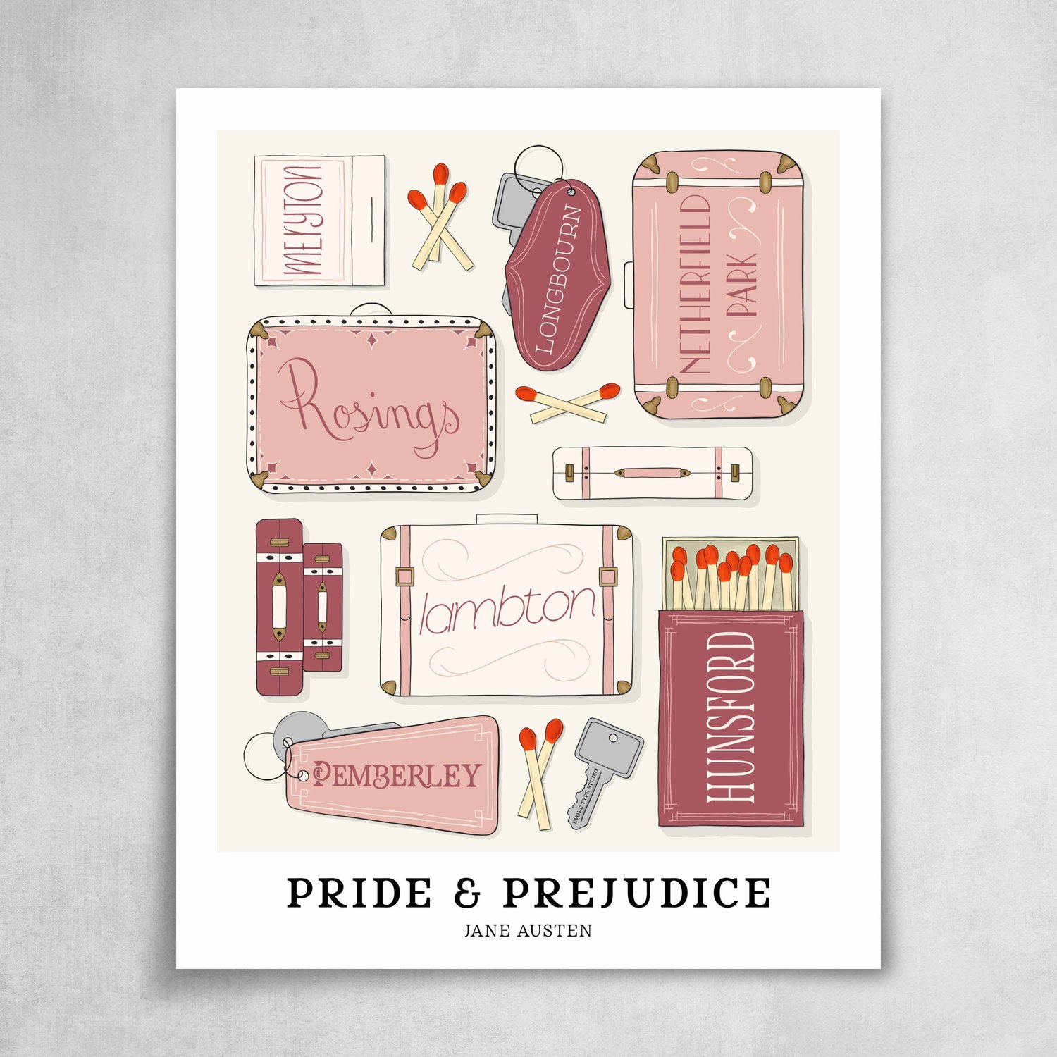 Poster highlighting locations from Jane Austen’s Pride & Prejudice in soft pink and white tones