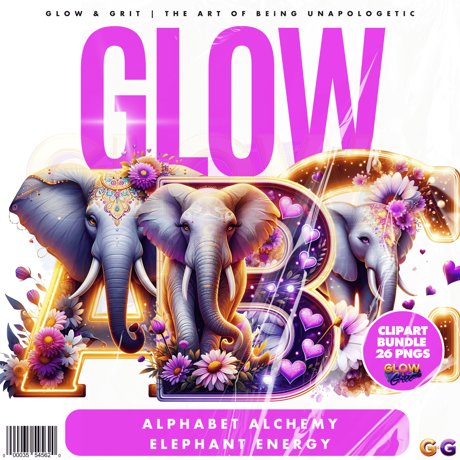 Glow & Grit Alphabet Alchemy Elephant Energy clipart bundle - 26 luxury PNG letters with vibrant purple and gold designs, floral accents, and elephant illustrations. High-resolution digital download for planners, crafts, wall art, and creative projects.