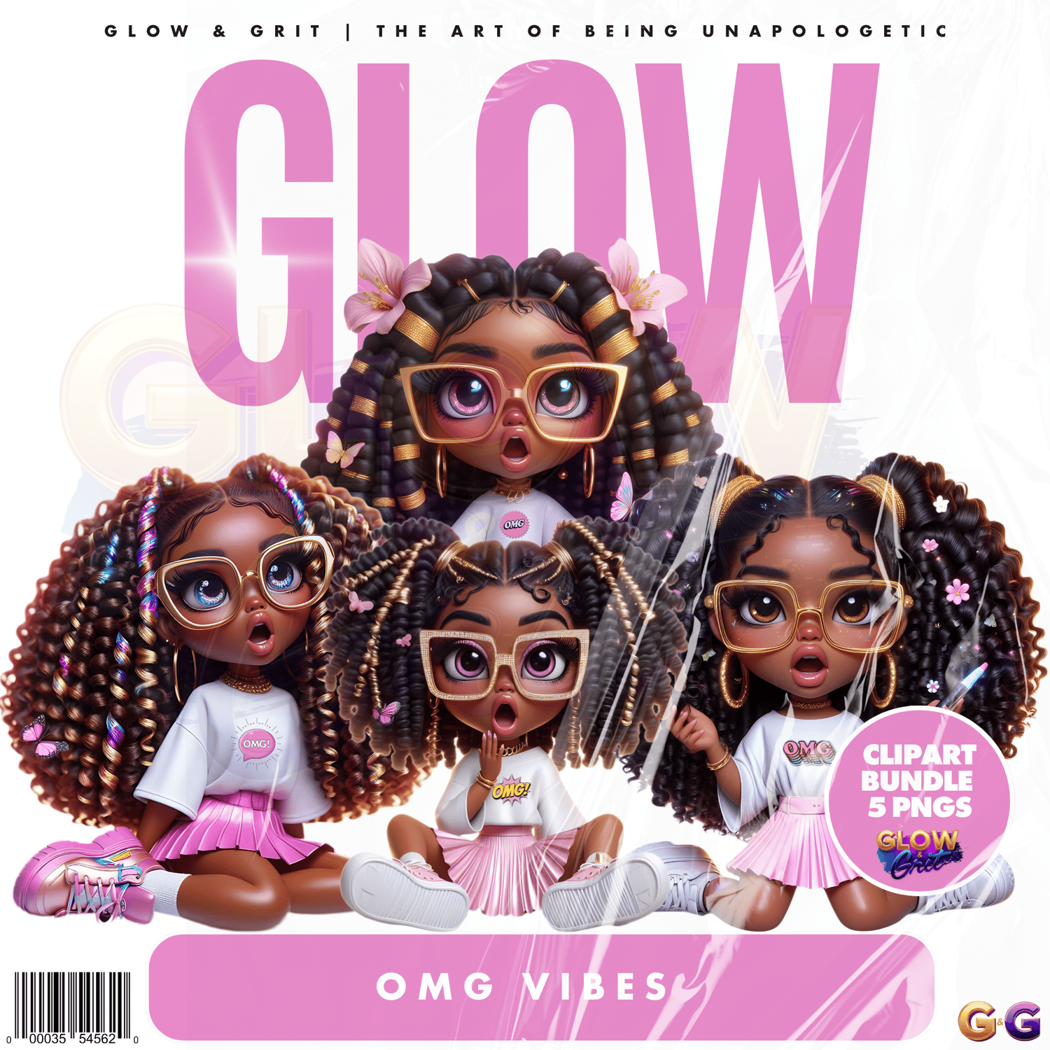 OMG Vibes clipart bundle cover featuring four Afrocentric doll-style characters with curly hair, oversized glasses, and playful fashion. Glow & Grit digital PNG set of 5 high-resolution images for planners, crafts, and creative projects.