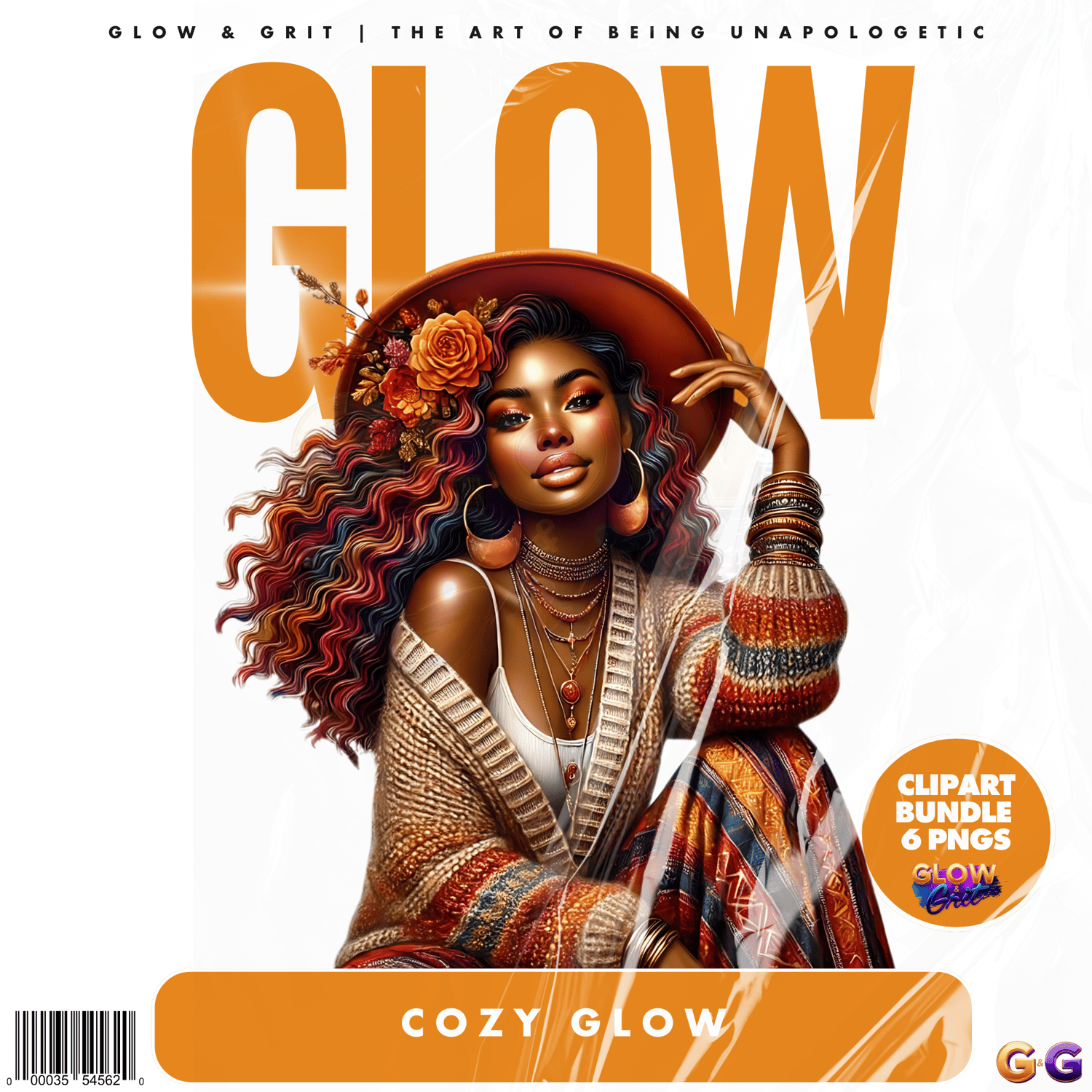 Cozy Glow digital clipart bundle featuring Afrocentric women in warm autumn tones with textured sweaters, scarves, and natural hairstyles. Includes 5 high-quality PNGs with transparent backgrounds, perfect for fall and seasonal designs