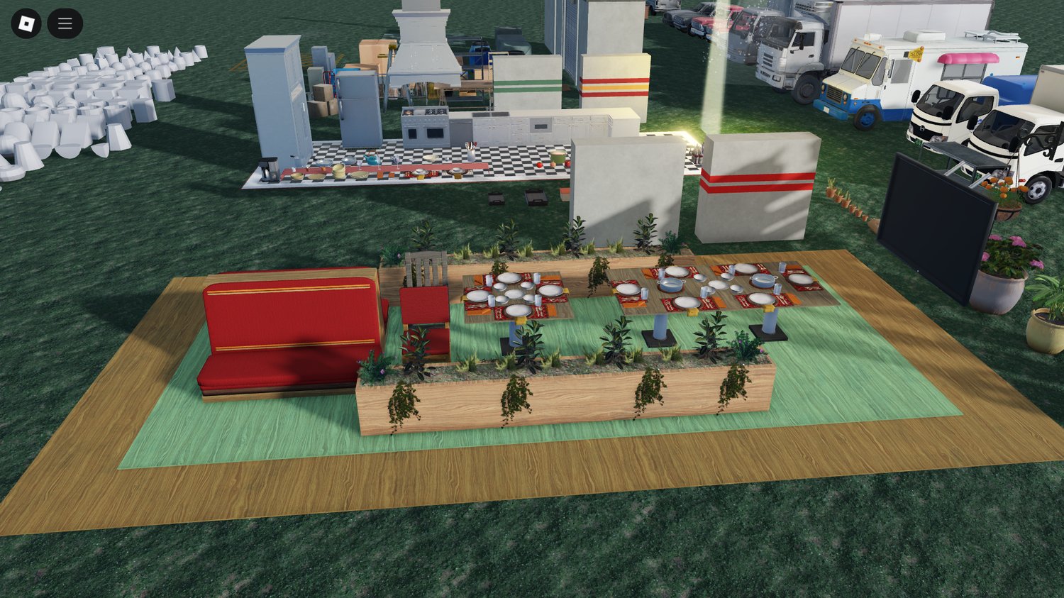 Roblox restaurant building pack with kitchen and dining props