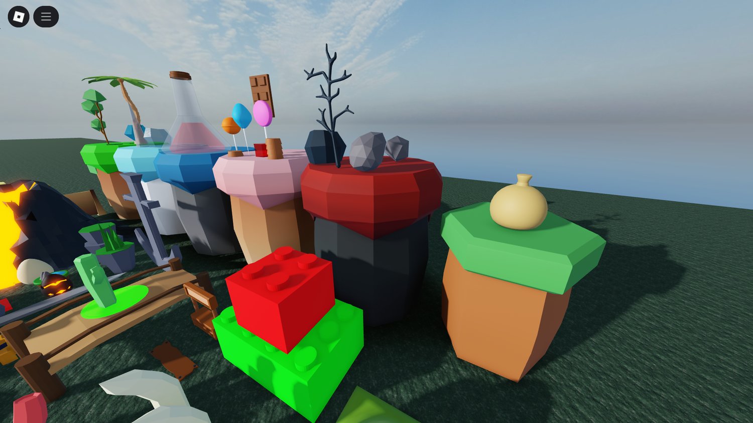 Colorful low poly assets placed in a Roblox hub