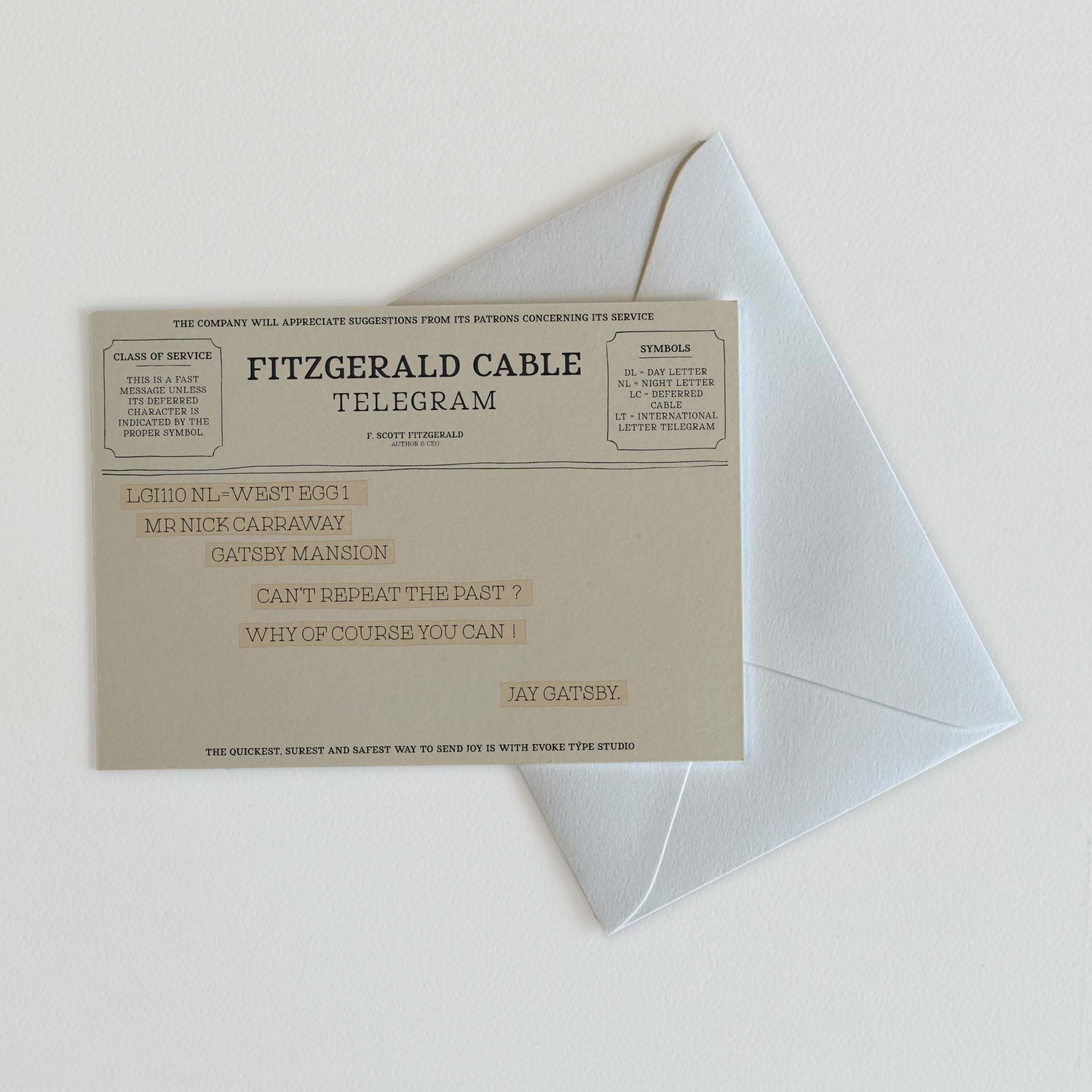Jay Gatsby literary quote notecard designed in old-fashioned telegram style