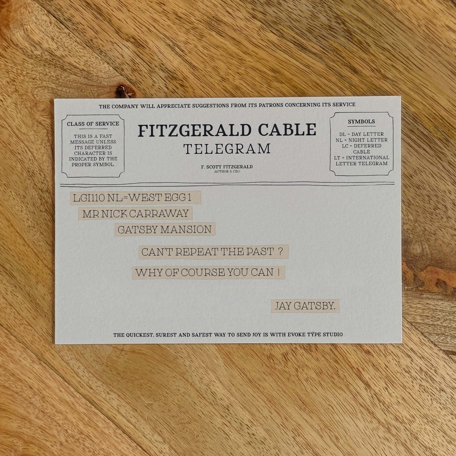 Jay Gatsby literary quote notecard designed in old-fashioned telegram style