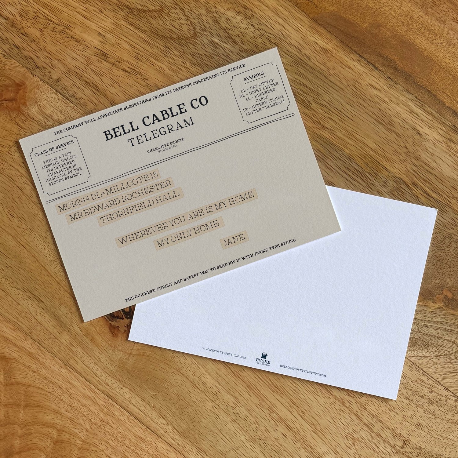 Vintage telegram-style Jane Eyre quote notecard