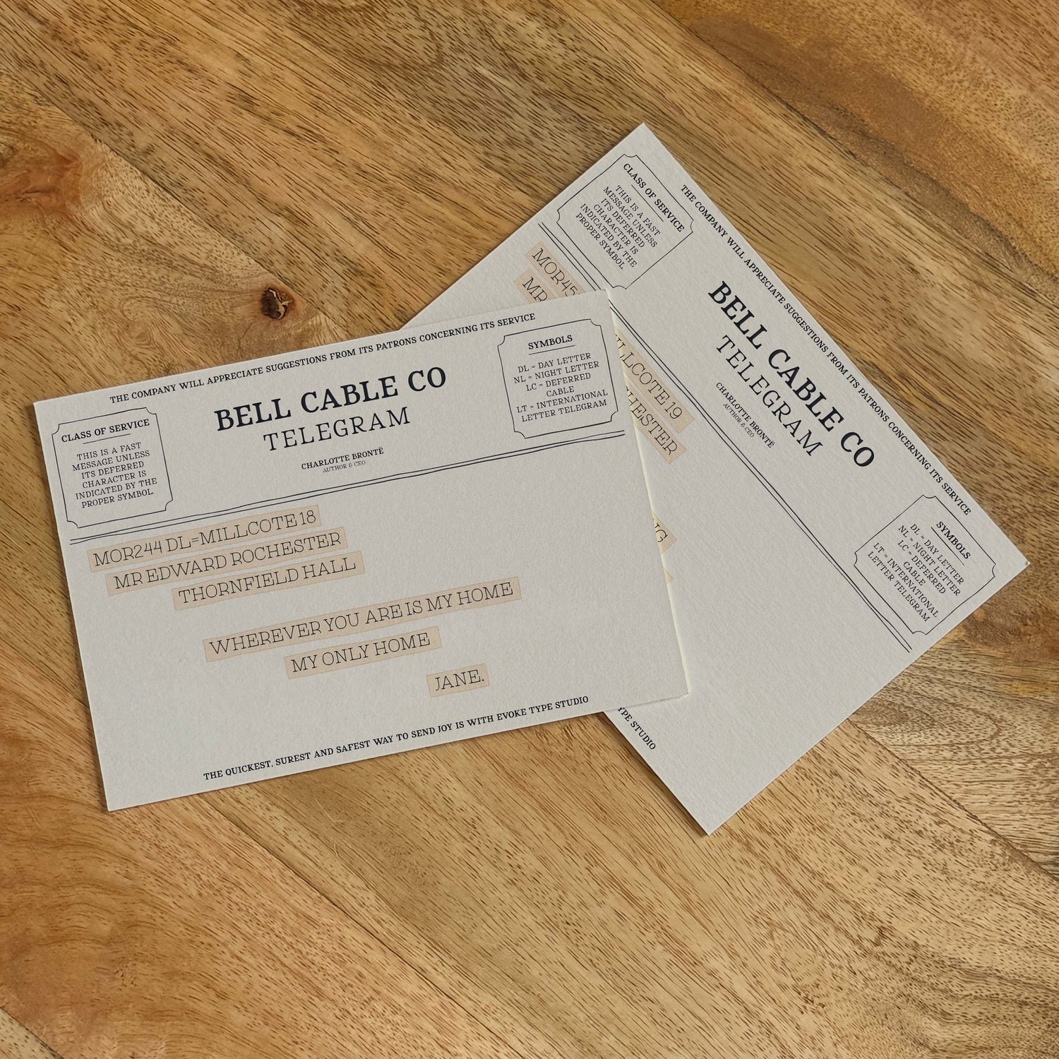 Two vintage telegram-style literary notecards from the Literary Collection