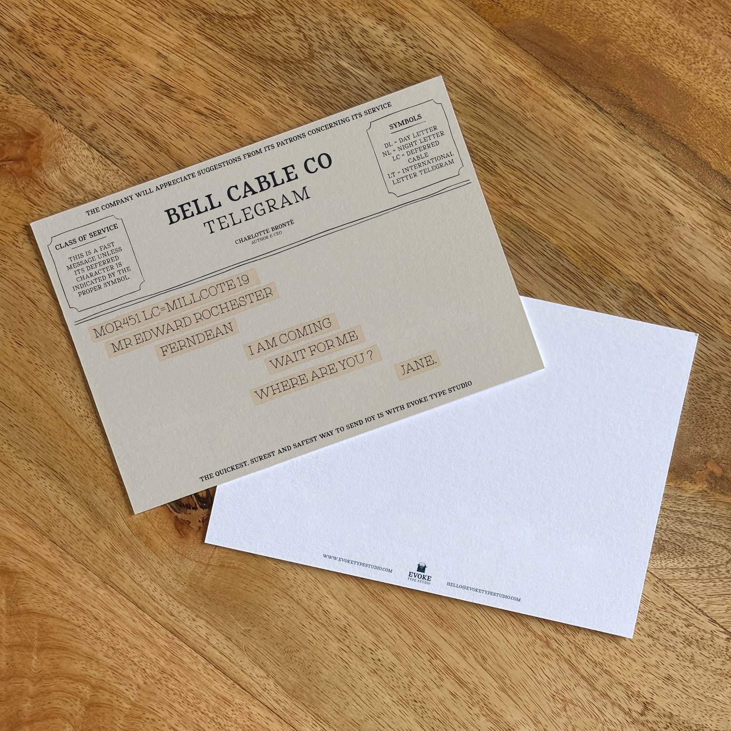 Vintage telegram-style Jane Eyre quote notecard