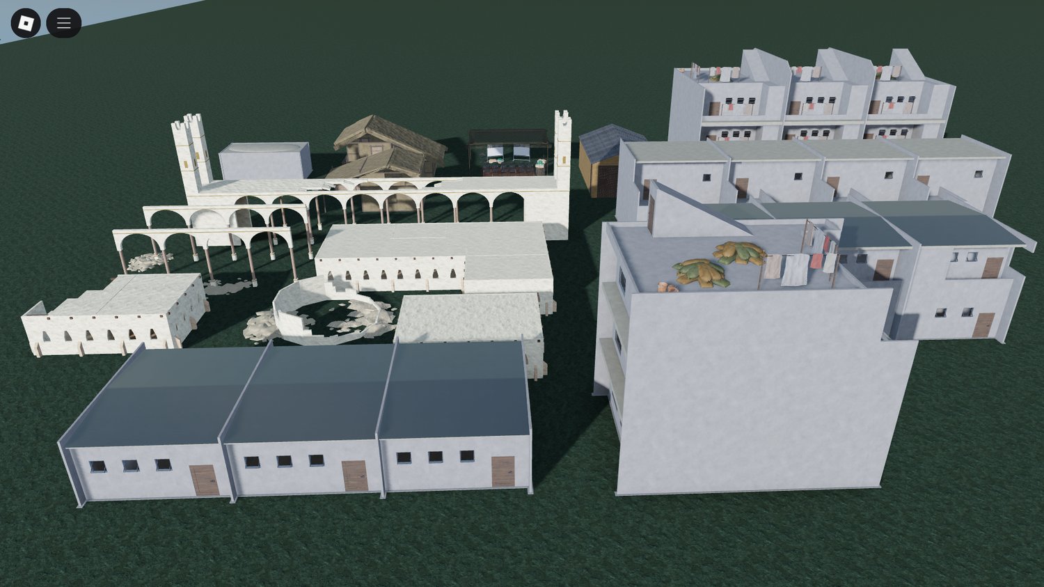 Wide shot of multiple war zone structures