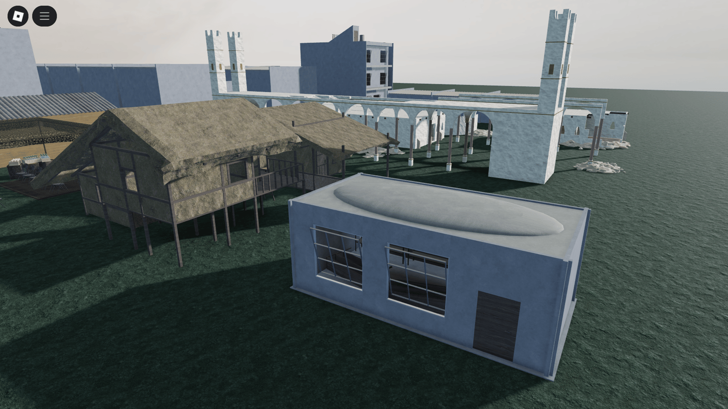 Rooftop view of enterable structures in Roblox