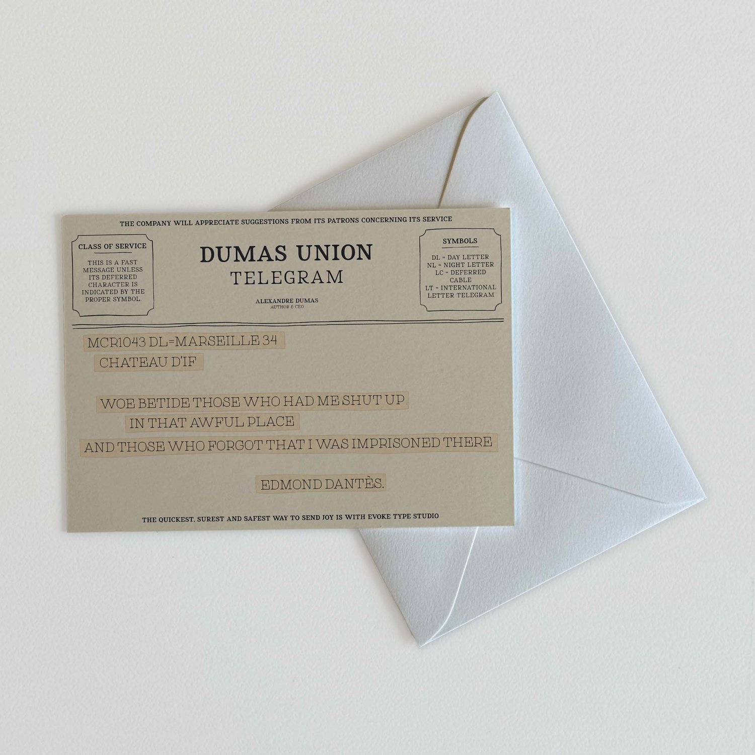 Edmond Dantès literary quote notecard designed in old-fashioned telegram style