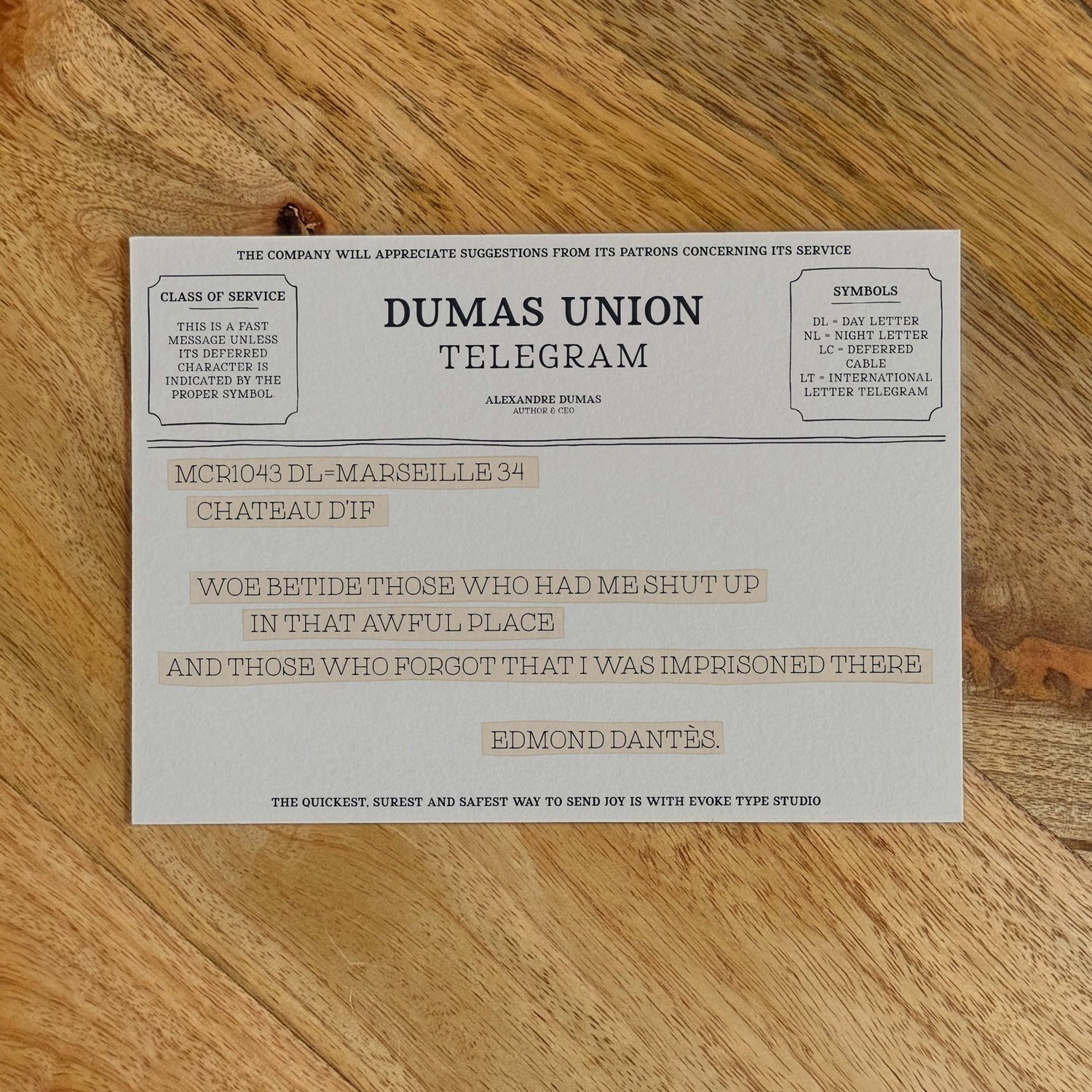Edmond Dantès literary quote notecard designed in old-fashioned telegram style