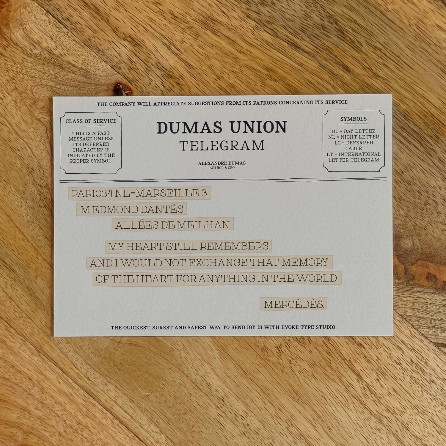 Mercedes de Morcerf literary quote notecard designed in old-fashioned telegram style