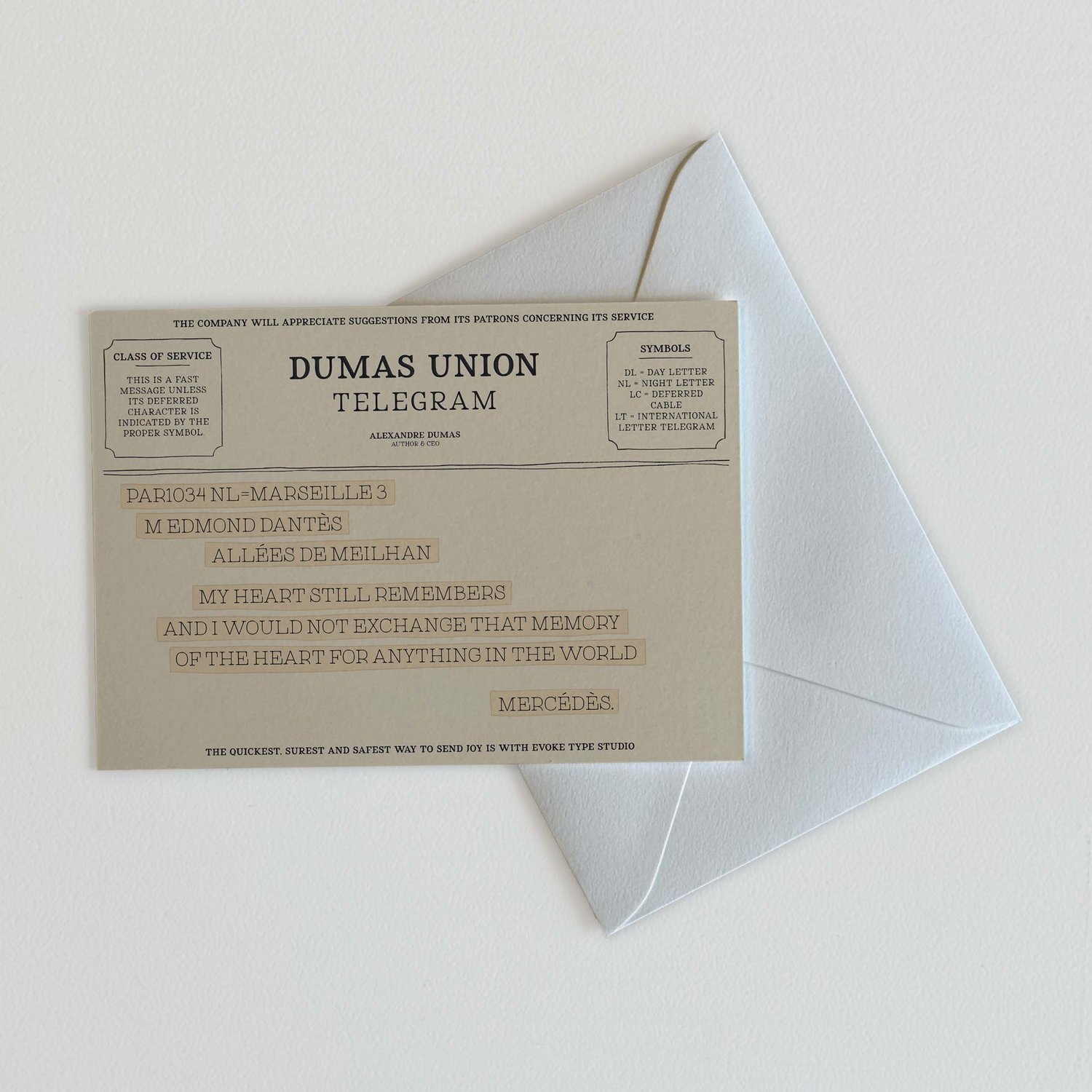 Mercedes de Morcerf literary quote notecard designed in old-fashioned telegram style
