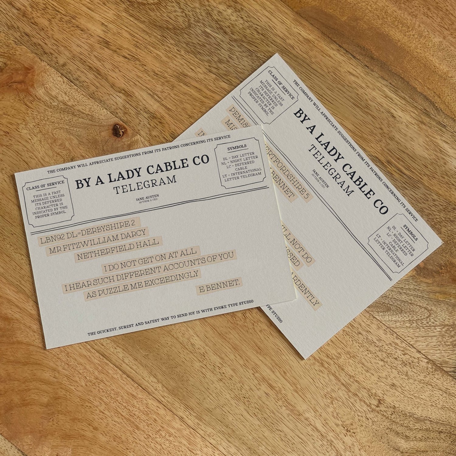 Two vintage telegram-style literary notecards from the Literary Collection