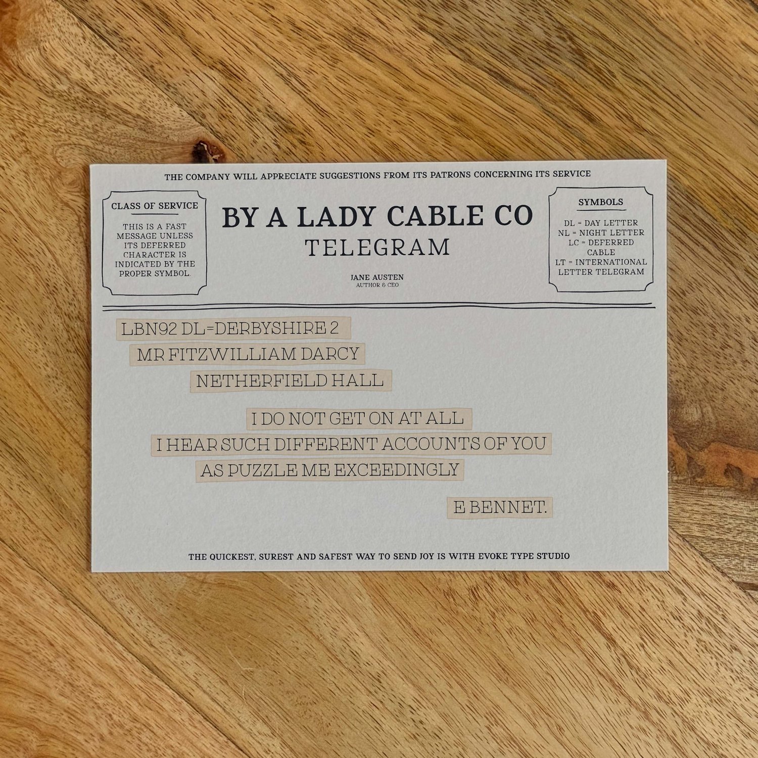 Pride and Prejudice Elizabeth Bennet quote illustrated in vintage telegram design