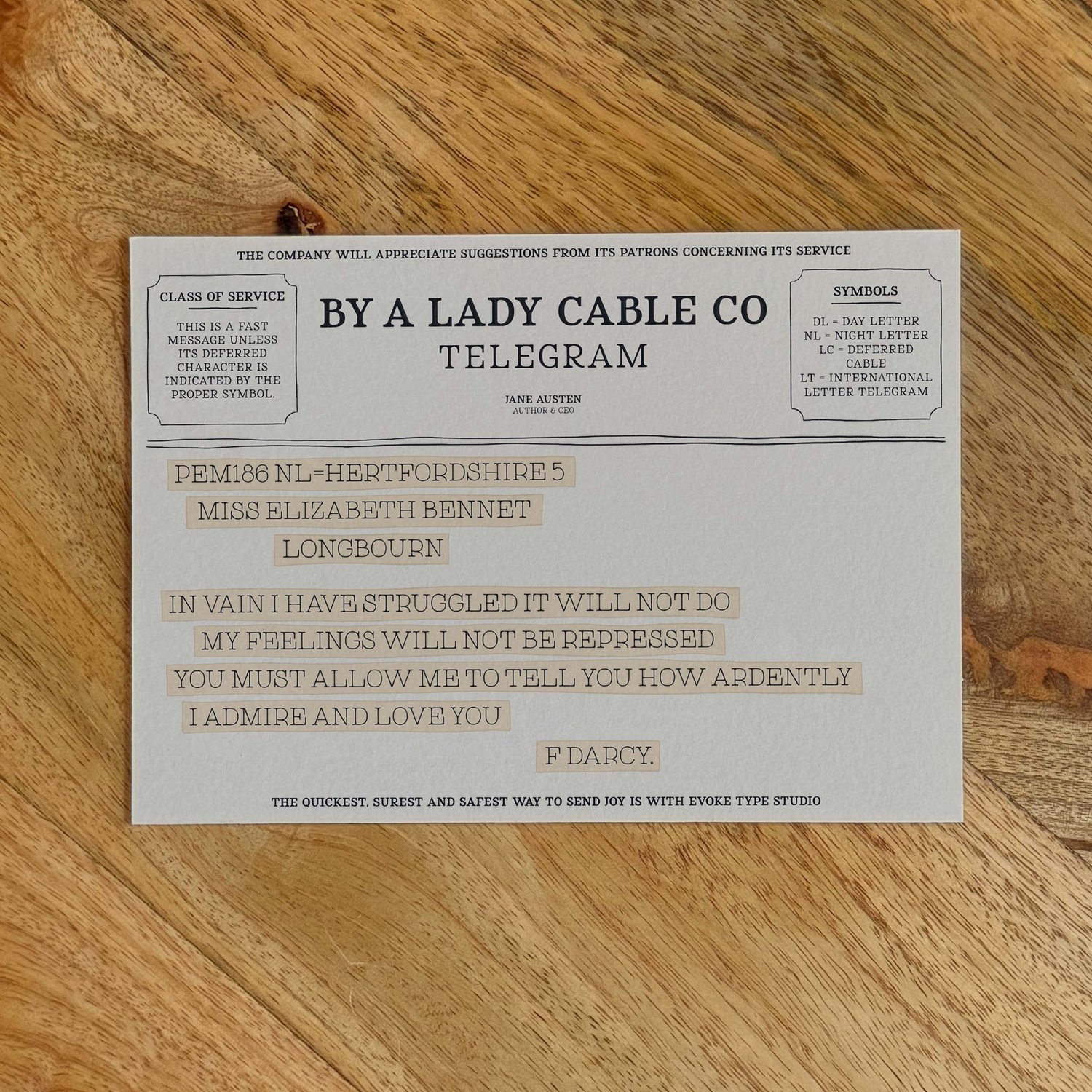 Literary notecard featuring Mr. Darcy’s love confession from Pride and Prejudice, designed as a vintage telegram in soft beige tones