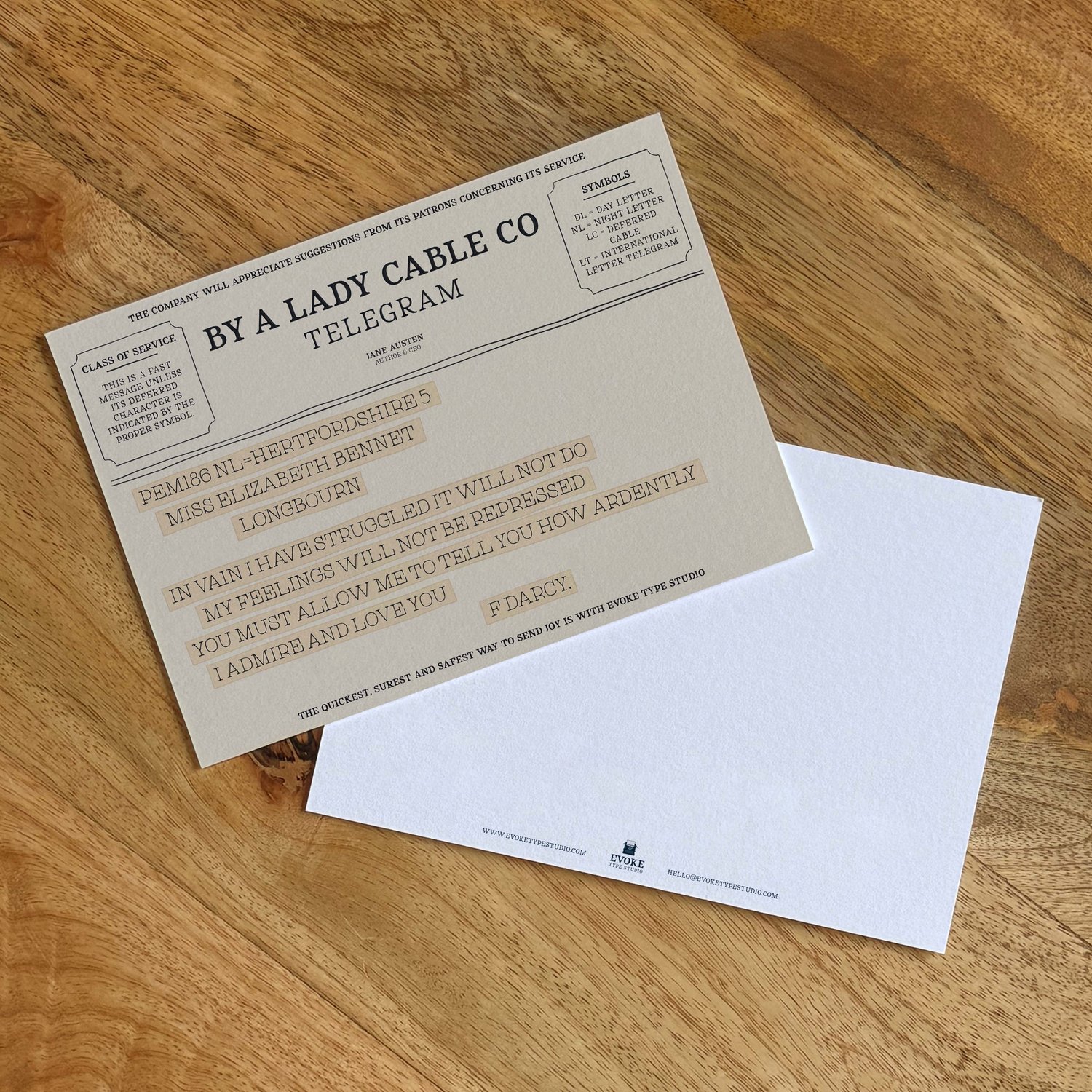 Vintage telegram-style literary notecard with Mr. Darcy’s declaration of love from Pride and Prejudice, perfect for Austen fans