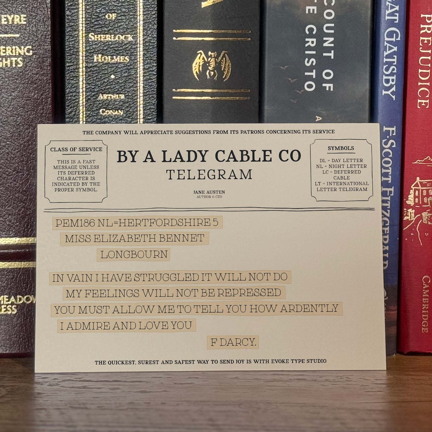 Pride and Prejudice Mr. Darcy quote notecard, hand-drawn in old-fashioned telegram style with warm beige and tan palette