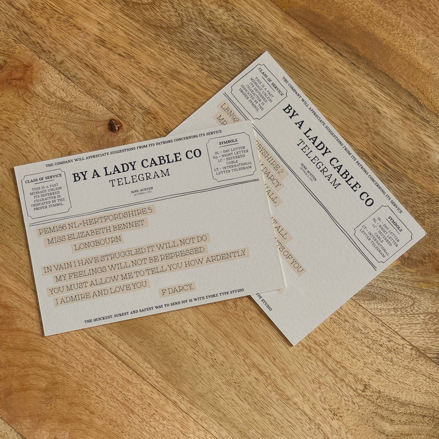 Two vintage telegram-style literary notecards from the Literary Collection.