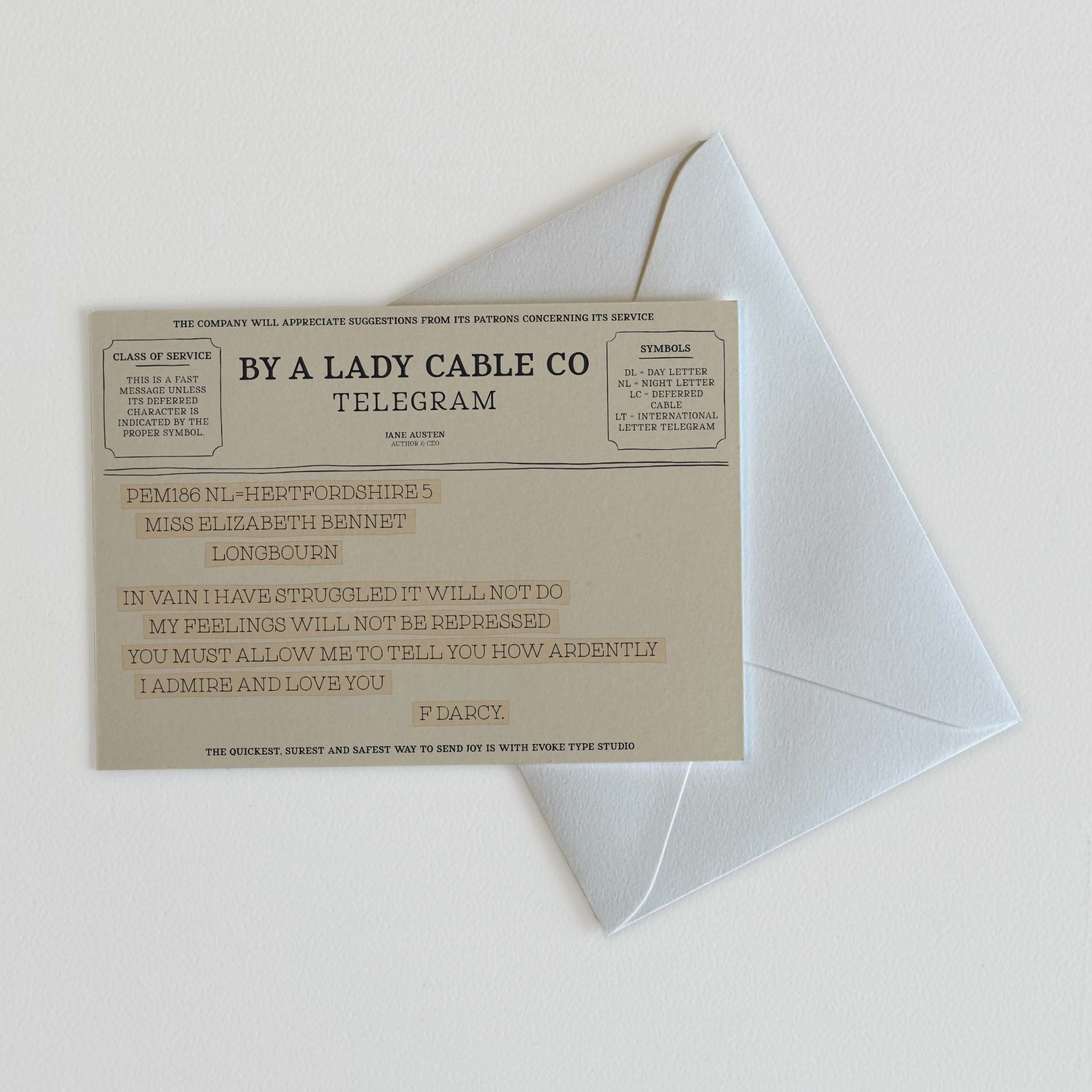 Pride and Prejudice Mr. Darcy quote notecard, hand-drawn in old-fashioned telegram style with warm beige and tan palette