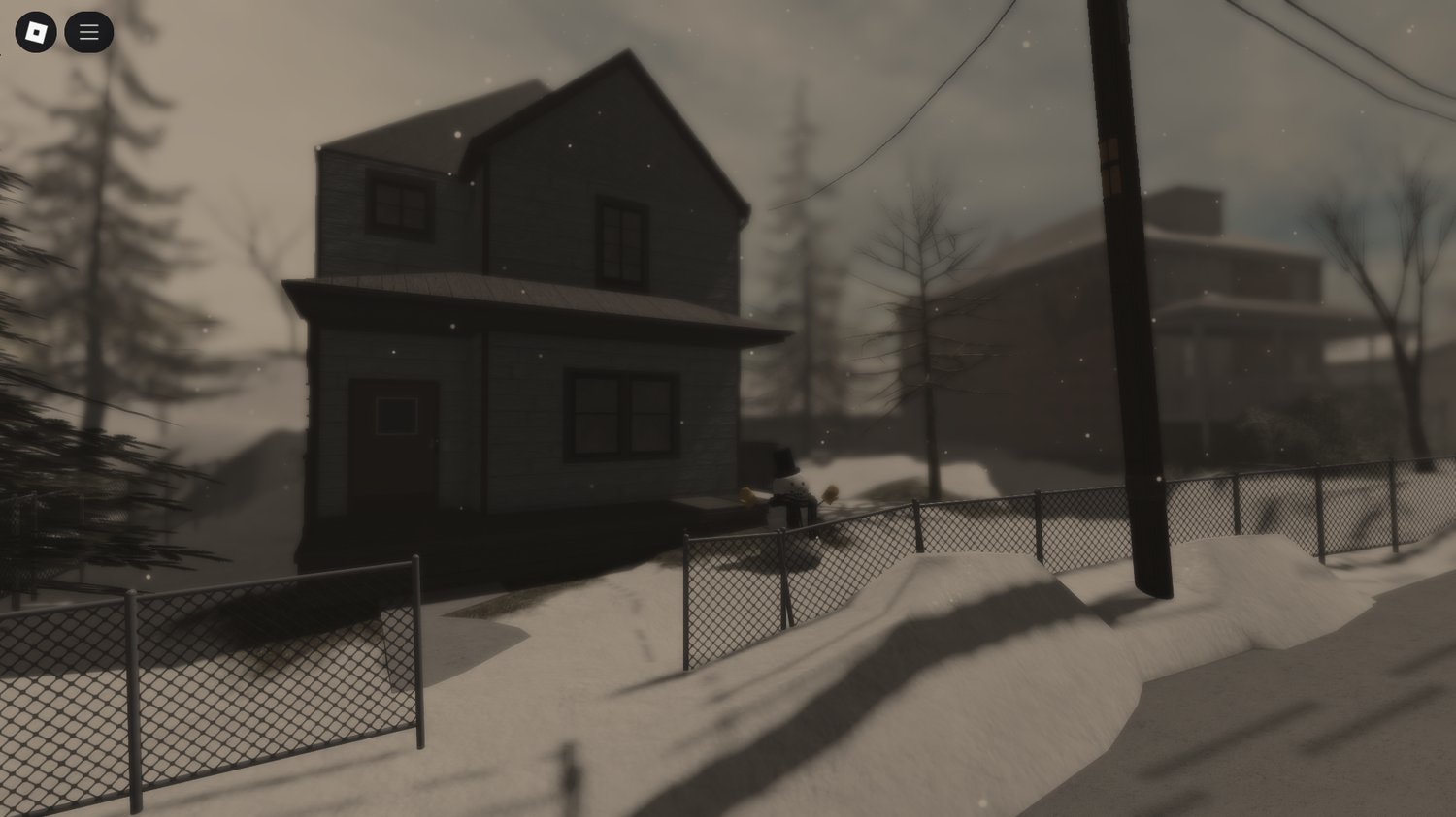 Snowy 1980s suburban street overview with vintage cars