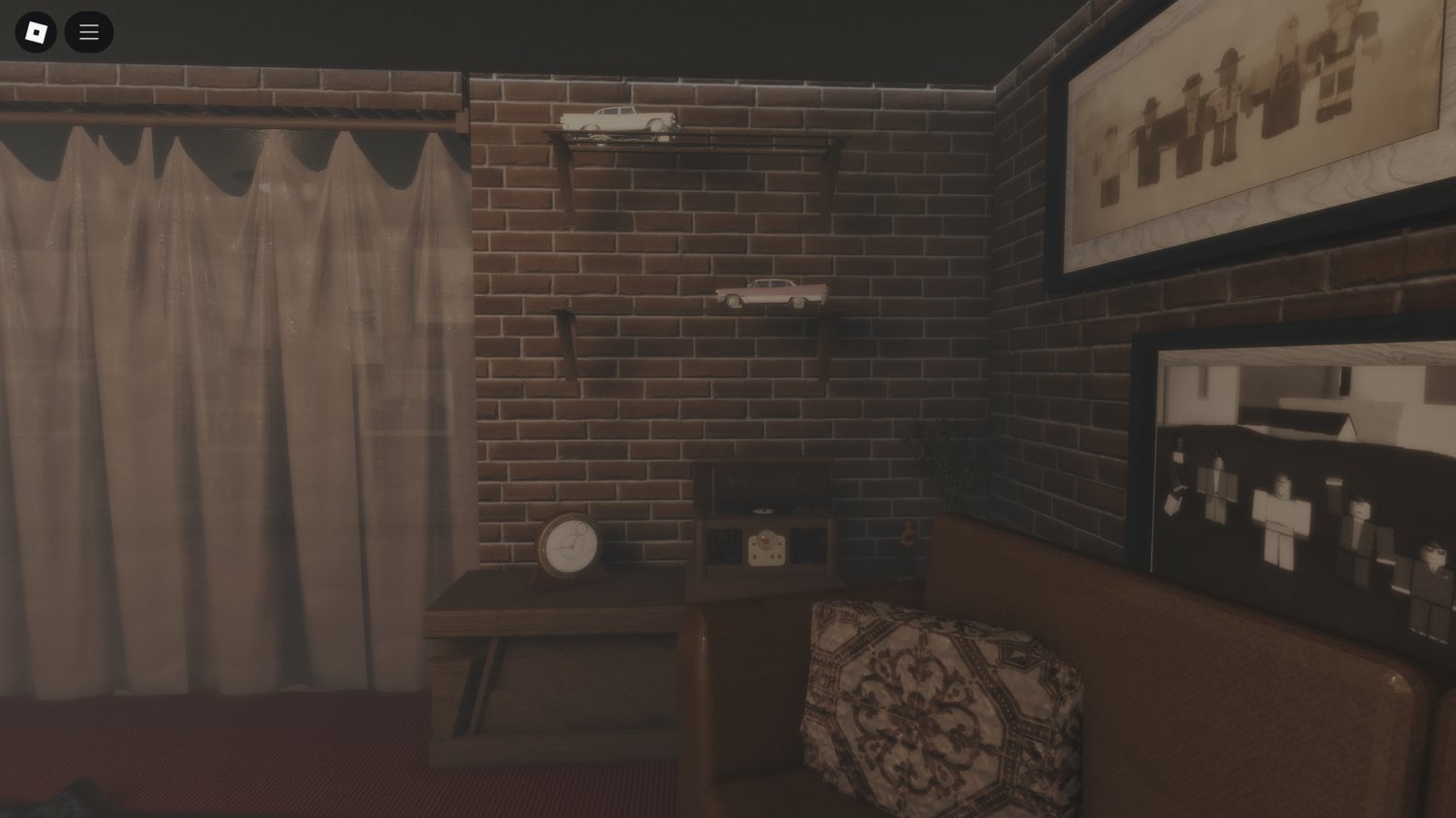 Wide shot showing interior and exterior details