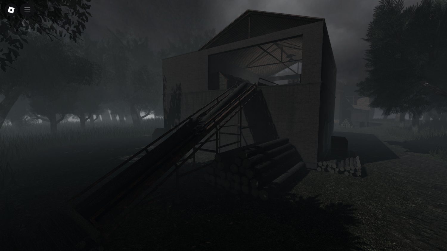 Rusty timber lumber mill exterior with creepy vibe