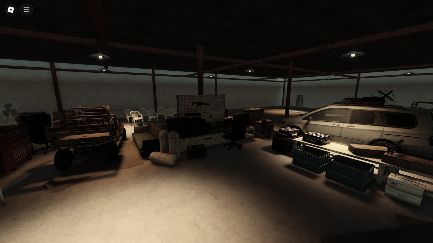 Roblox base showcasing garages and warehouses