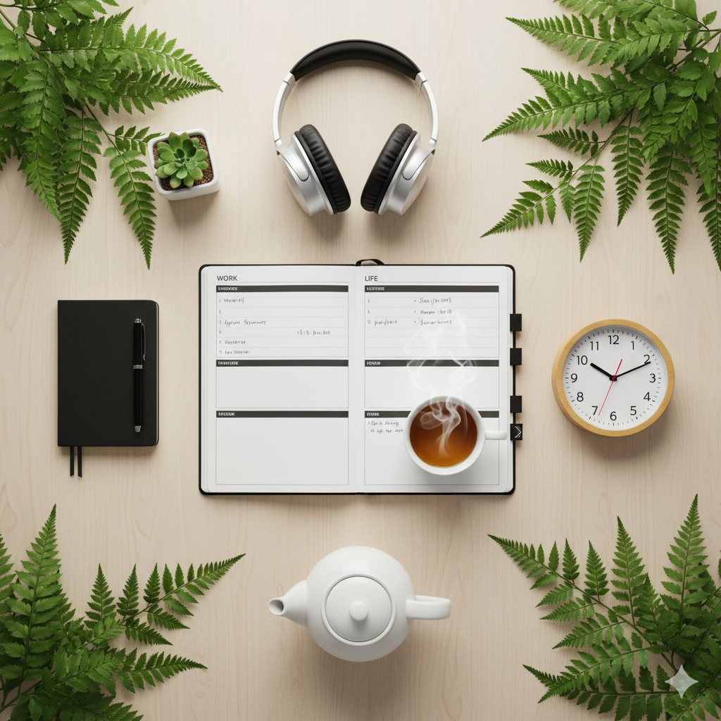 Work-Life-Balance Symbole auf Schreibtisch – Planung und Achtsamkeit.